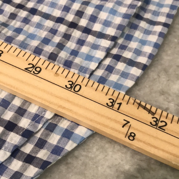 Barbour Tailored Fit Shirt Mens Large Blue Plaid Blue Seersucker Casual Pockets - Picture 9 of 9